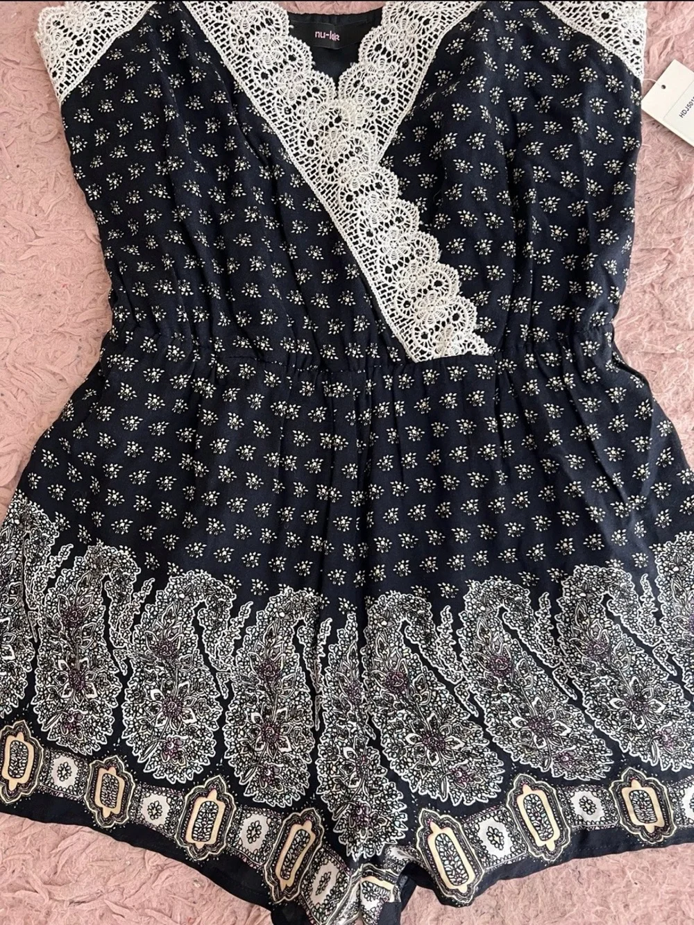 Navy Paisley Lace-Trim Chemise Romper with White Crochet Detail